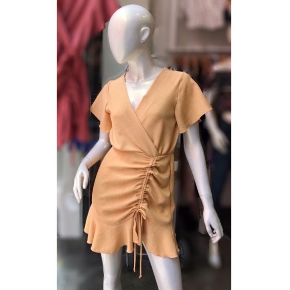 Gold Ruched Linen Dress